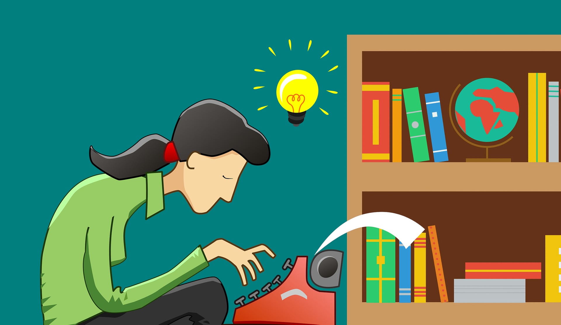 Alt =" woman animation full of ideas using type writer to type on how to write a literature review, on the background there's a shelve full of book and a globe ball"