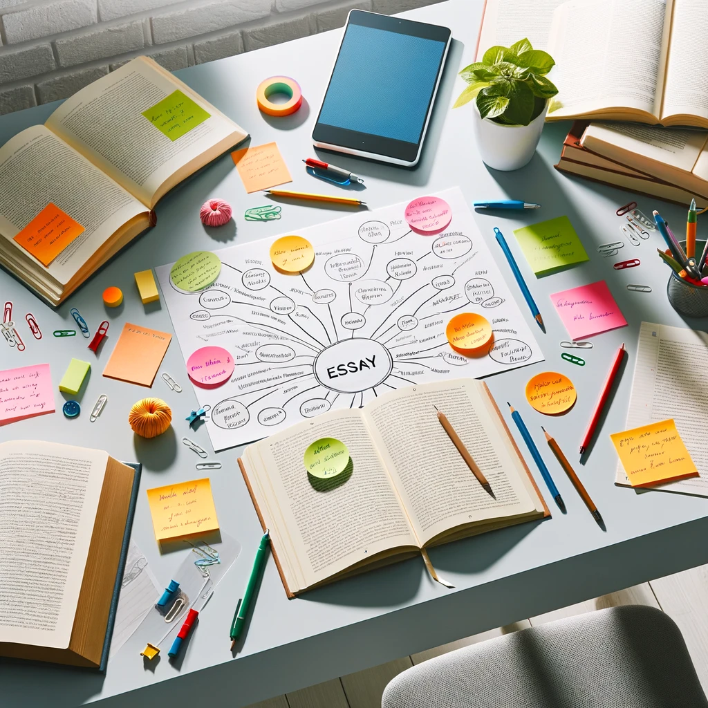 A well-organized study table with an essay planning mind map at the center surrounded by open books, colorful sticky notes, writing instruments, a tablet, and small desk plants, indicating an active brainstorming session about how to write an annotated bibliography APA