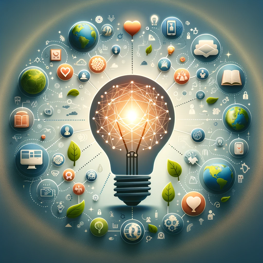 Brainstorming scene for cause and effect essay topics with a central light bulb and related icons