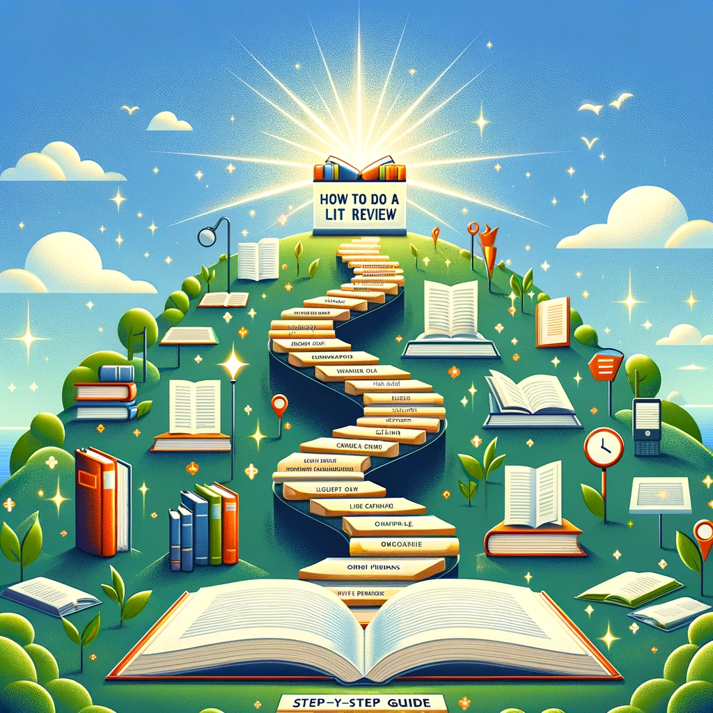 An engaging image for a blog post titled 'How to Do a Lit Review: Step-by-Step Guide', featuring a vibrant path made of books and articles on a bright background. This path leads up to a glowing, open book atop a hill, symbolizing the journey of a literature review. Each book along the path is labeled with steps such as 'Identify Your Topic', 'Search for Literature', 'Evaluate Sources', 'Organize Findings', and 'Write the Review', representing the sequential process. The design is colorful and inviting, encouraging readers to embark on their literature review journey with confidence and enthusiasm