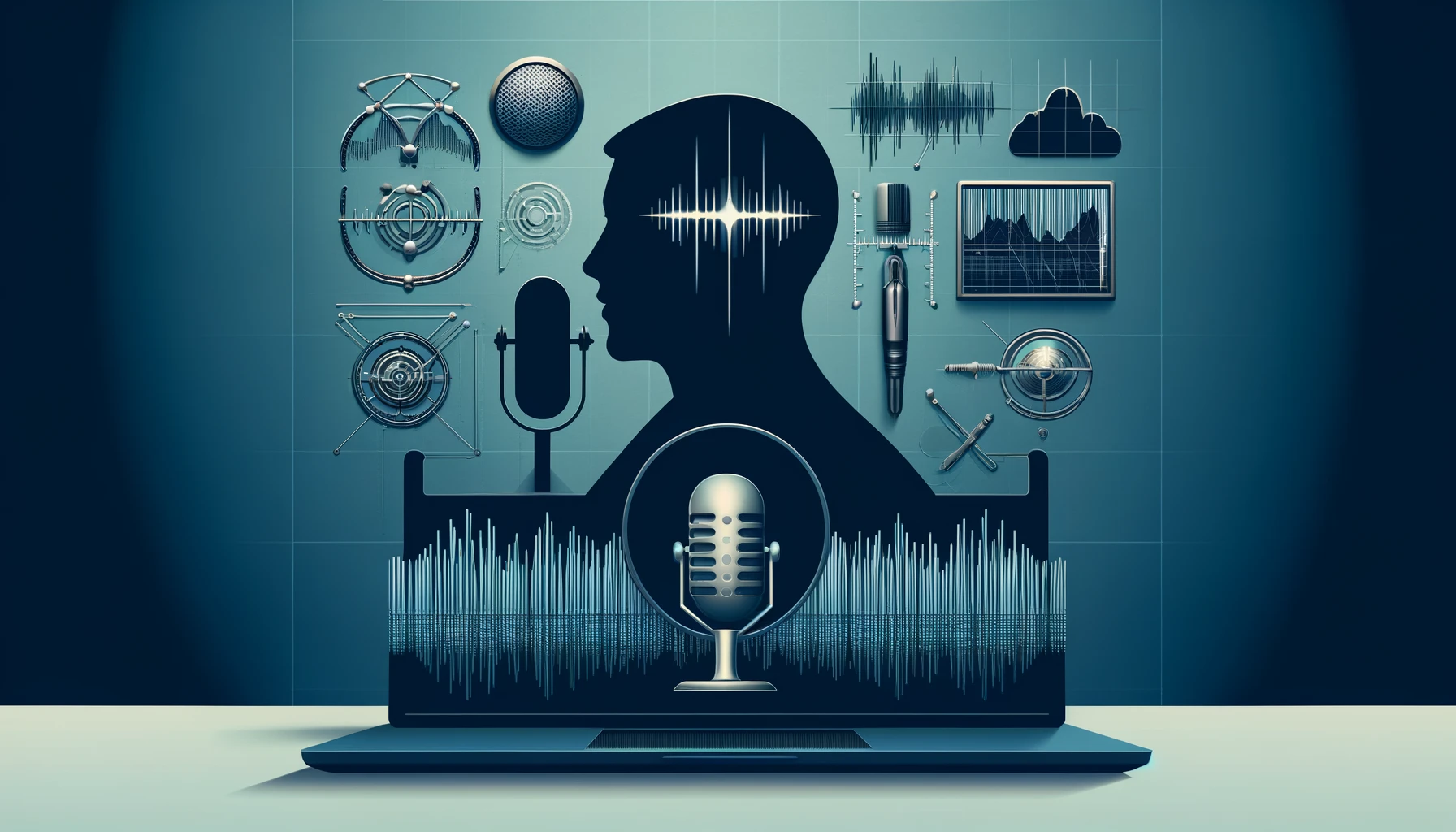 Artistic representation of a profile involved in speech analysis with podcasting elements like microphones and sound waves